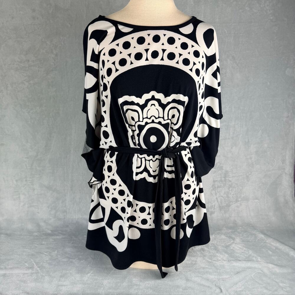Wish Womens M Black White Geometric Tunic Dress with Tie